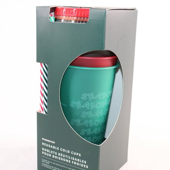 2019 Set of 5 Starbucks Red Green Reusable Cold Cups w/ Lids & Straws 24oz Venti - Picture 2 of 4